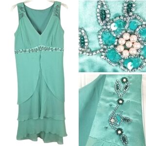 Vintage Beaded Midi Dress Large Teal Baby Doll Ruffle Fairy Romantic Mermaid